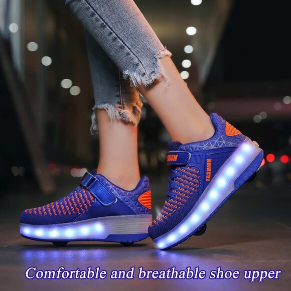 Kid's Girls Double Wheel Blue Lighting Skate Sneaker USB Chargable LED Shoes - Picture 5 of 9